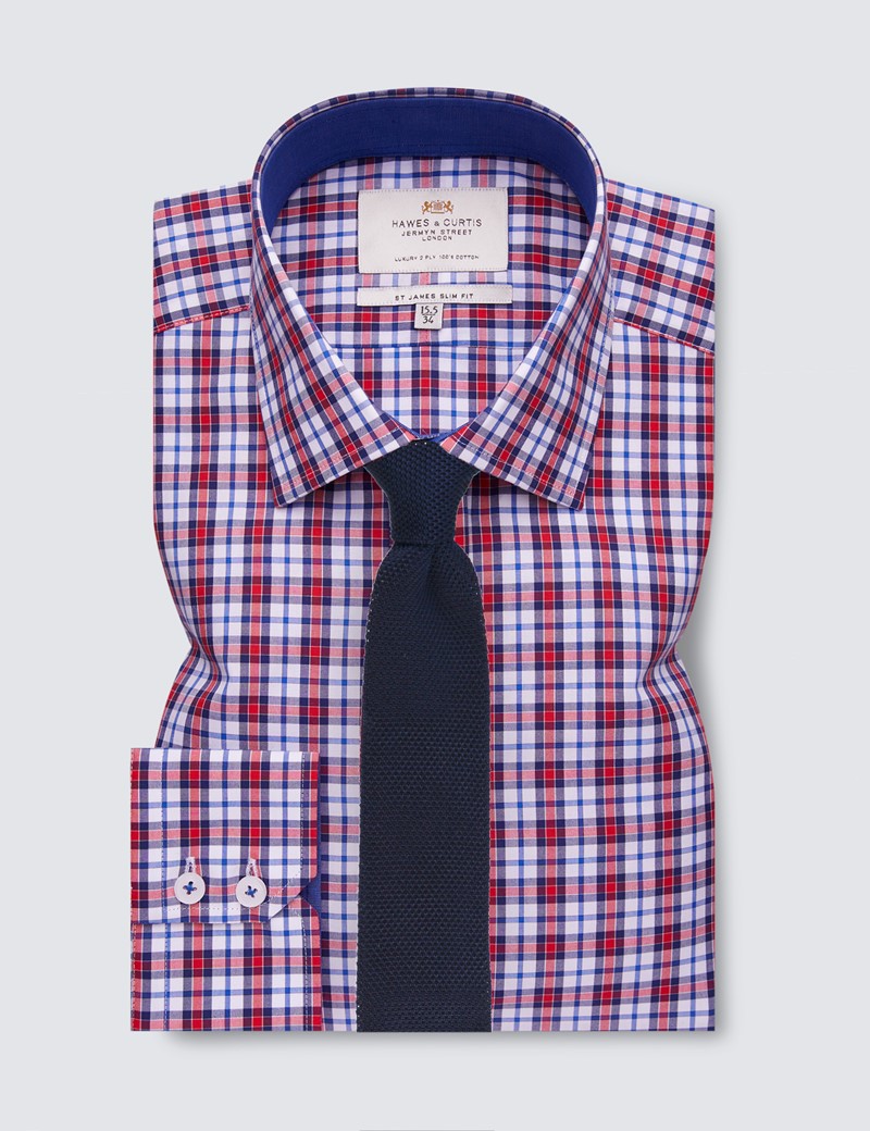 Easy Iron Red & Navy Check Slim Fit Shirt With Contrast Detail  & Semi Cutaway collar - Single Cuffs