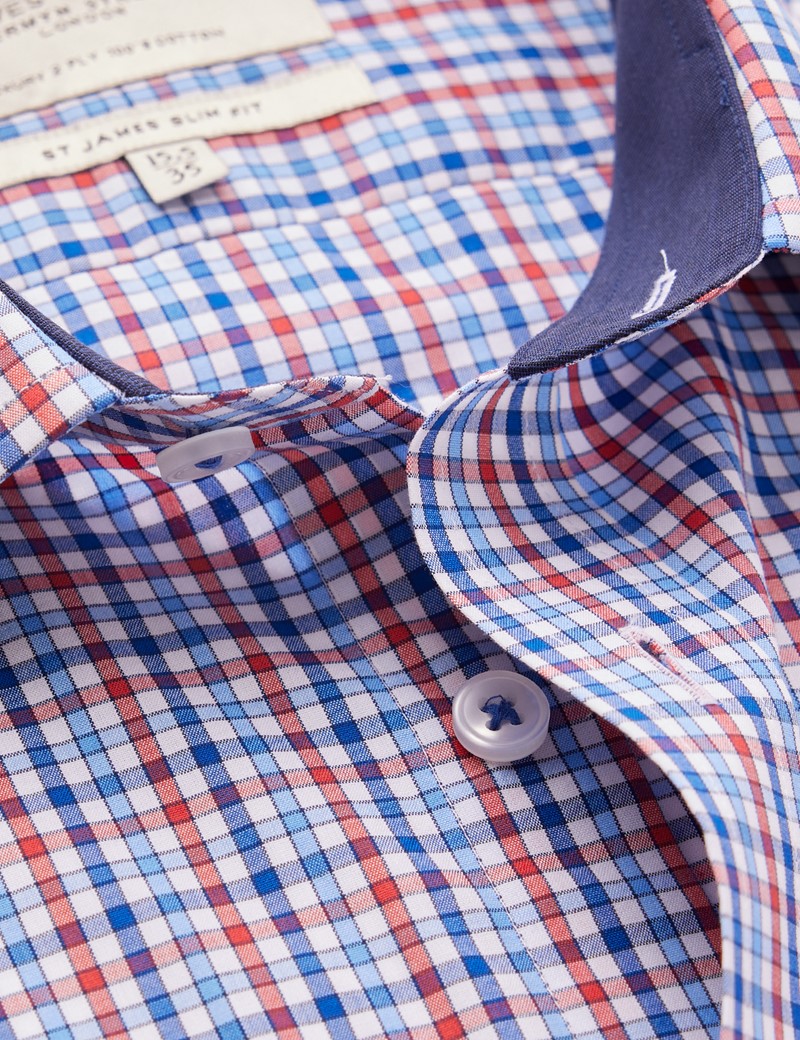 Bügelleichtes Businesshemd – Slim Fit – Kentkragen – blau rot kariert mit Kontrast