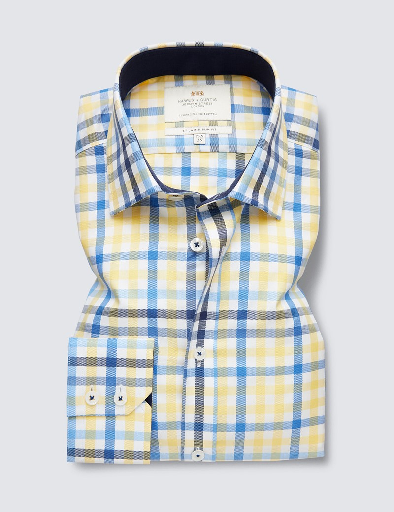 Blue & Yellow Multi Check Relaxed Slim Fit Shirt With Contrast Detail -  Single Cuffs