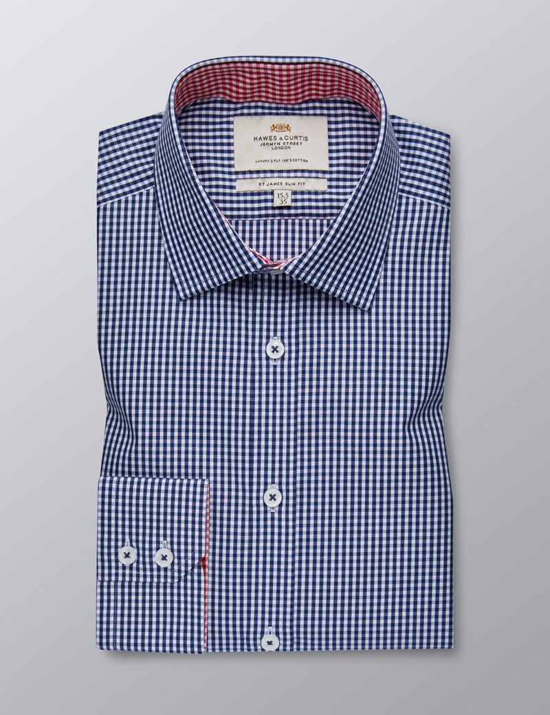 Men's Formal Navy & White Gingham Check Slim Fit Shirt With Contrast ...