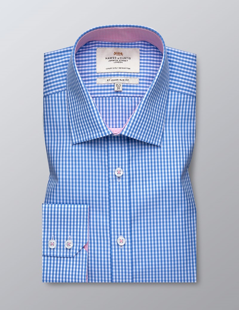 Men's Formal Blue & White Gingham Check Slim Fit Shirt Single Cuff