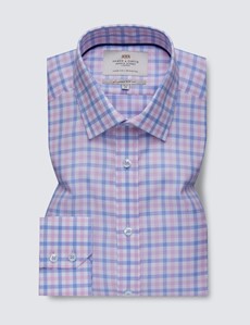 Men's Dress Blue & Pink Multi Plaid Slim Fit Shirt With Contrast Detail - Single Cuff - Easy Iron