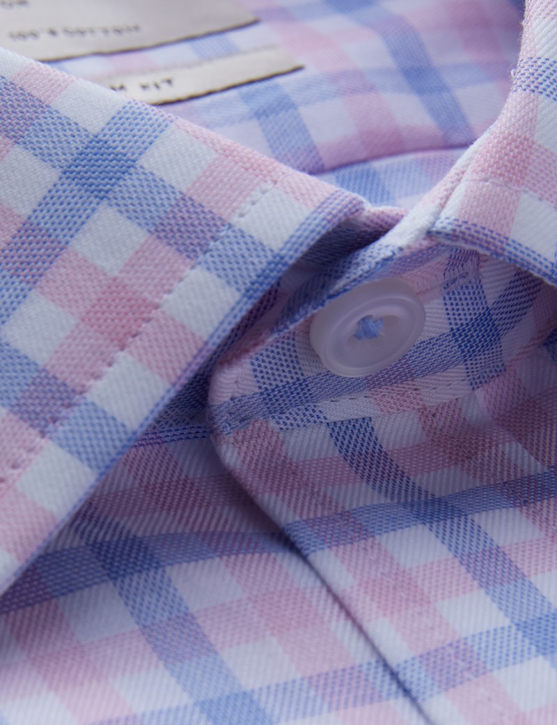 Men's Formal Blue & Pink Multi Check Slim Fit Shirt With Contrast Detail - Single Cuff - Easy Iron