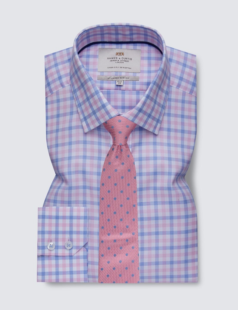 Men's Formal Blue & Pink Multi Check Slim Fit Shirt With Contrast Detail - Single Cuff - Easy Iron
