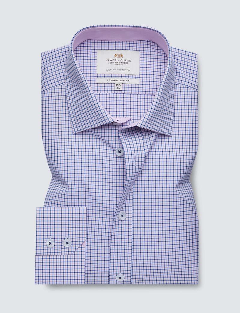 Easy Iron Blue & Pink Multi Check Slim Fit Shirt With Contrast Detail 