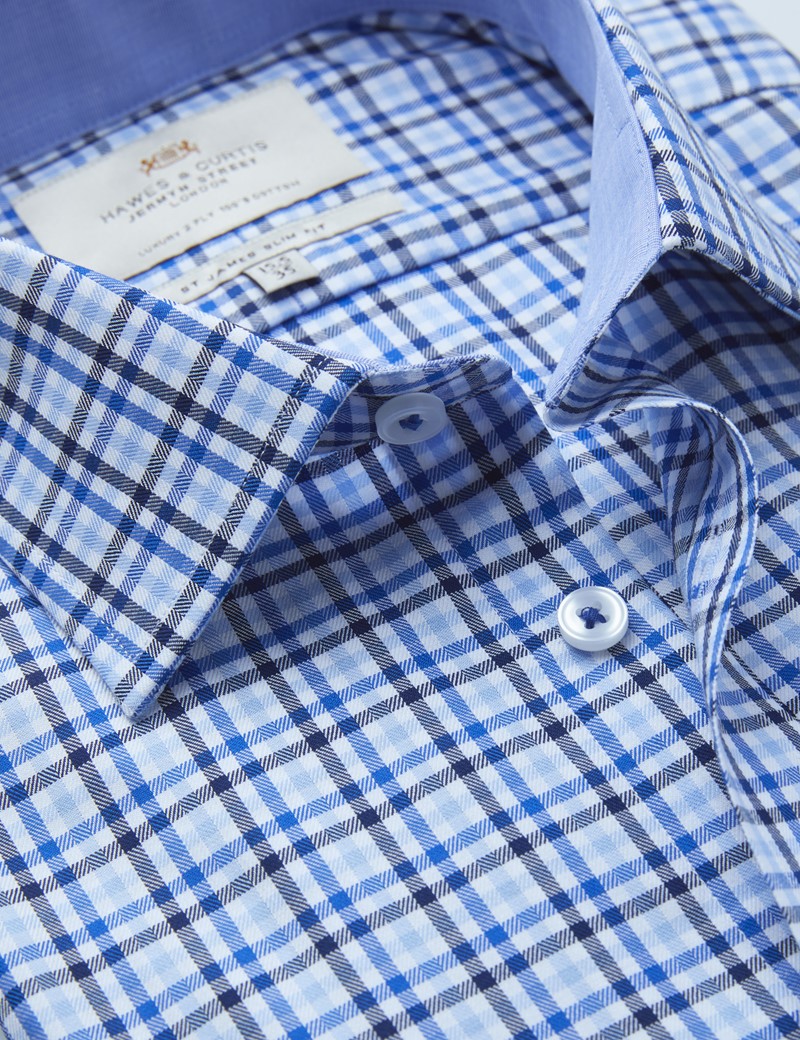 Easy Iron Blue & Navy Multi Check Slim Fit Shirt With Contrast Detail