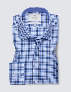 Easy Iron Blue & Navy Multi Check Slim Fit Shirt With Contrast Detail 