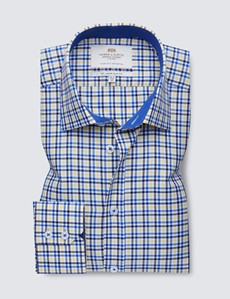 Easy Iron Yellow & Navy Multi Check Slim Fit Shirt With Contrast Detail 