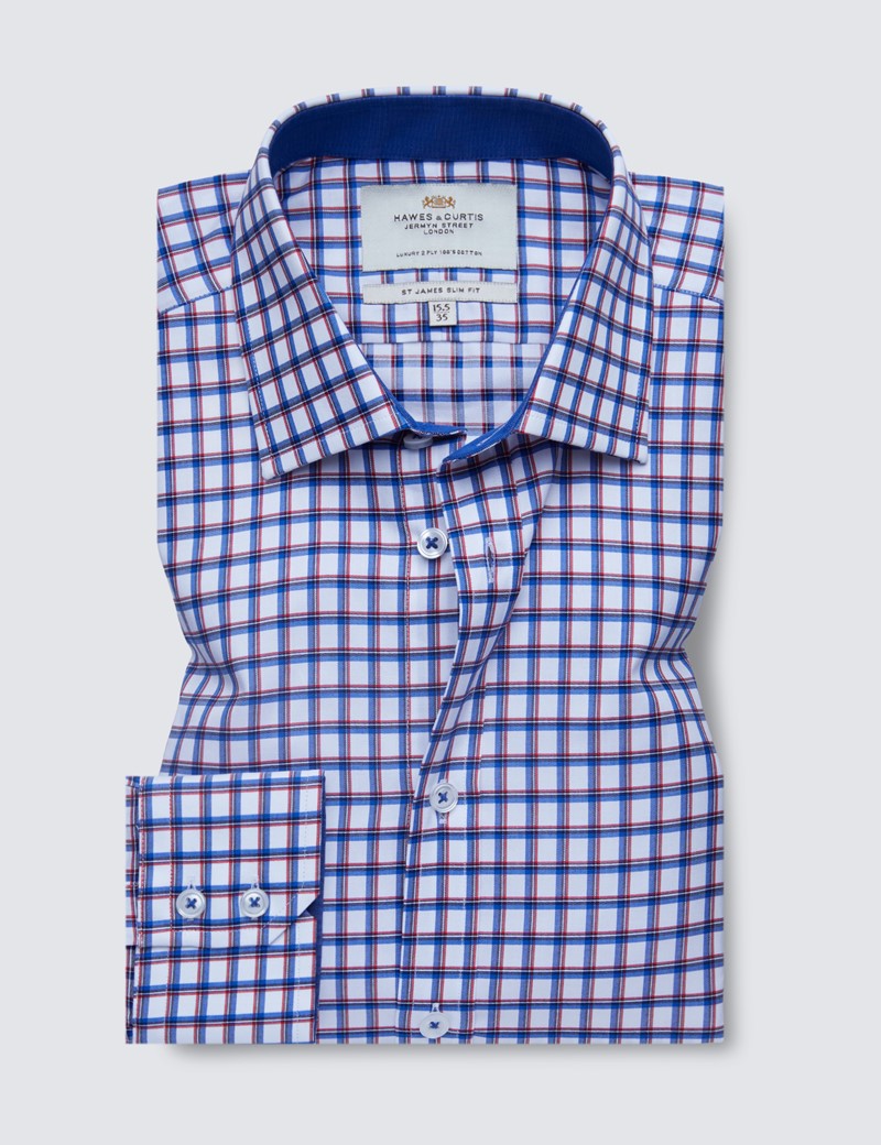 Easy Iron Blue & Red Multi Check Slim Fit Shirt With Contrast Detail 