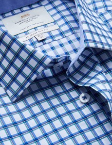 Easy Iron Blue & Green Multi Check Slim Fit Shirt With Contrast Detail 