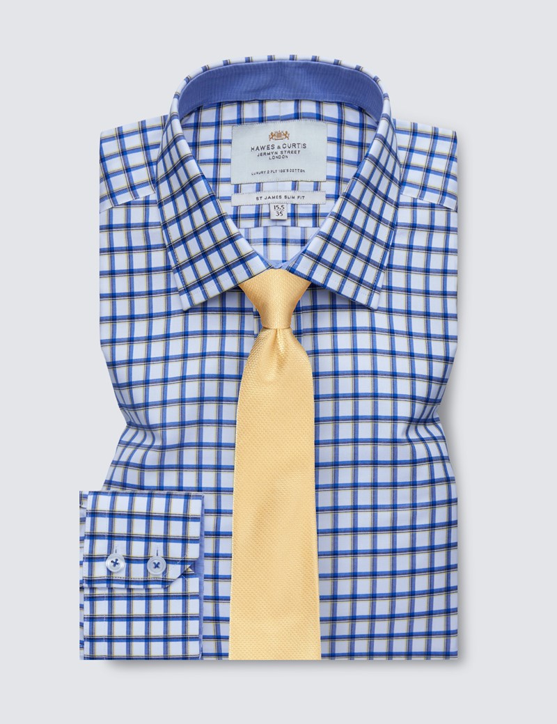 Easy Iron Blue & Yellow Multi Check Slim Fit Shirt With Contrast Detail 