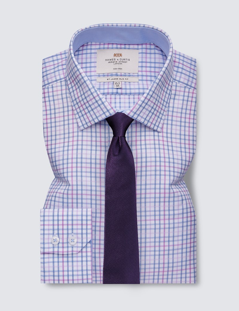 Non Iron Blue & Lilac Check Relaxed Slim Fit Shirt With Semi Cutaway Collar - Single Cuffs