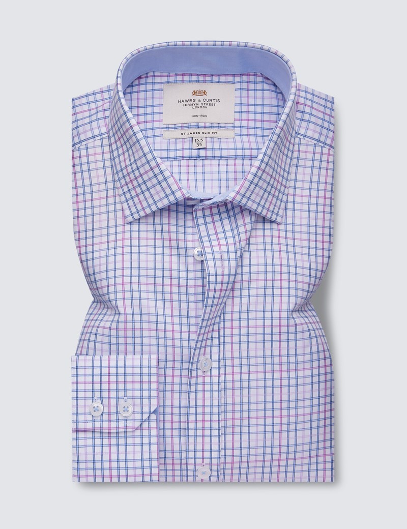 Non Iron Blue & Lilac Check Relaxed Slim Fit Shirt With Semi Cutaway Collar - Single Cuffs