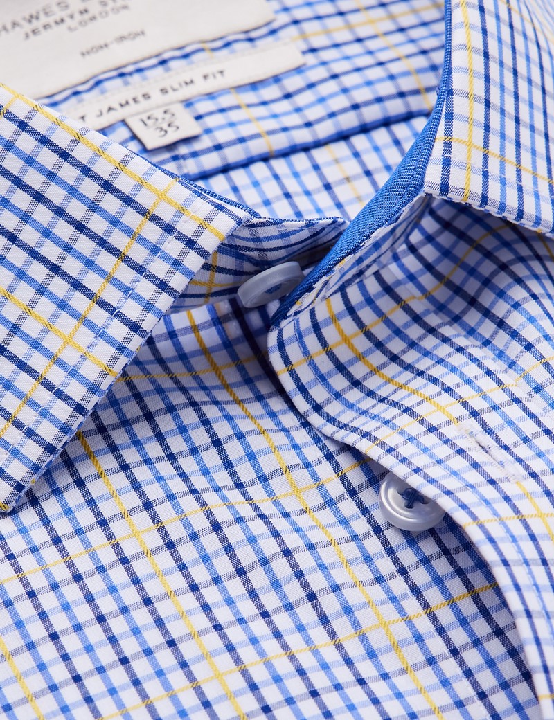 Non Iron Blue & Yellow Check Relaxed Slim Fit Shirt With Semi Cutaway Collar - Single Cuffs