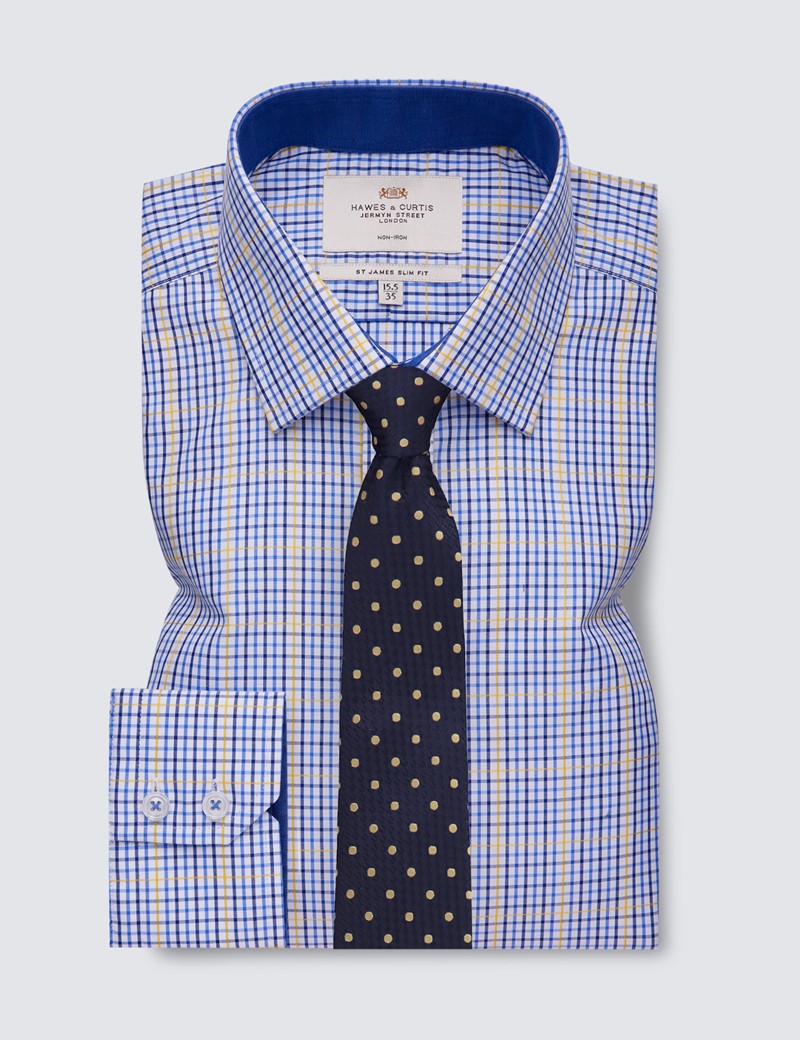 Non Iron Blue & Yellow Check Relaxed Slim Fit Shirt With Semi Cutaway Collar - Single Cuffs