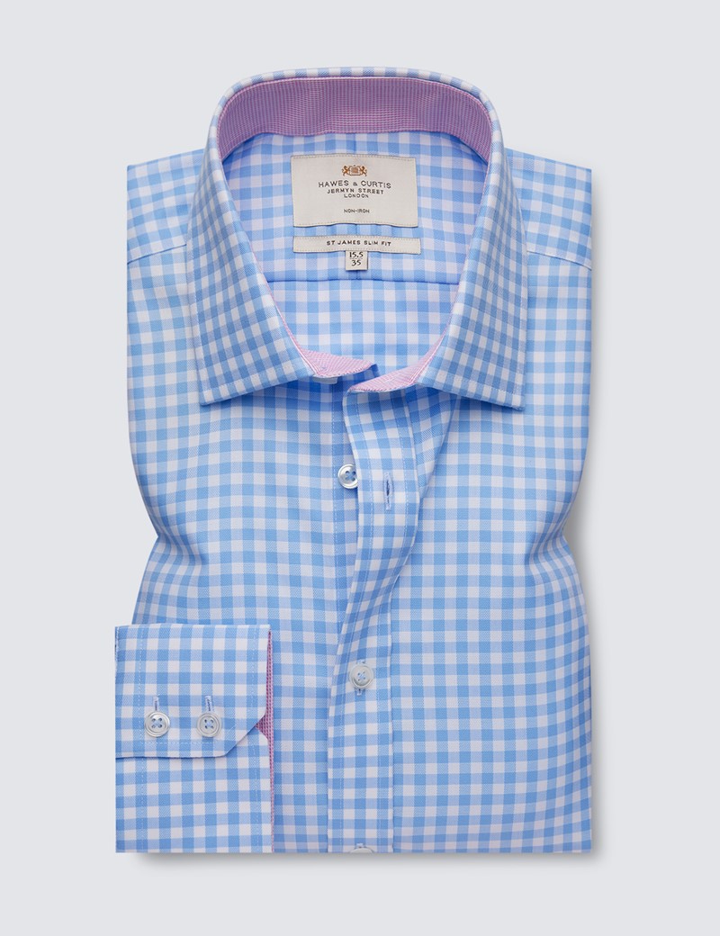 Non Iron Men's Blue & White Dogtooth Relaxed Slim Fit Shirt with Contrast Detail - Single Cuff 