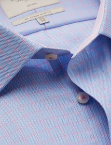 Non Iron Blue & Pink Textured Check Relaxed Slim Fit Shirt With Contrast Detail - Single Cuffs