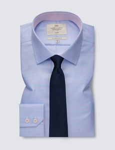 Non Iron Blue & Pink Textured Check Relaxed Slim Fit Shirt With Contrast Detail - Single Cuffs
