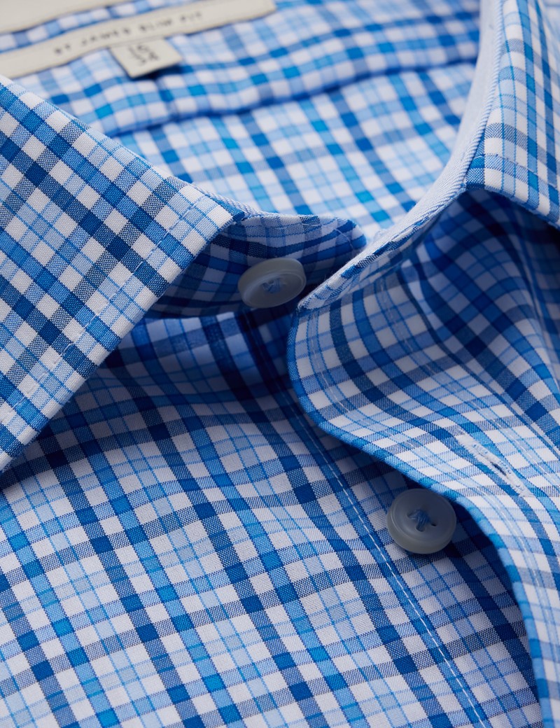 Non Iron Navy & Blue Multi Check Relaxed Slim Fit Shirt With Contrast Detail - Single Cuffs