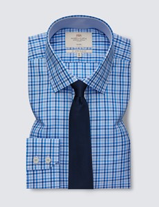 Non Iron Navy & Blue Multi Check Relaxed Slim Fit Shirt With Contrast Detail - Single Cuffs