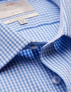 Non Iron Blue & White Gingham Relaxed Slim Fit Shirt With Contrast Detail - Single Cuffs