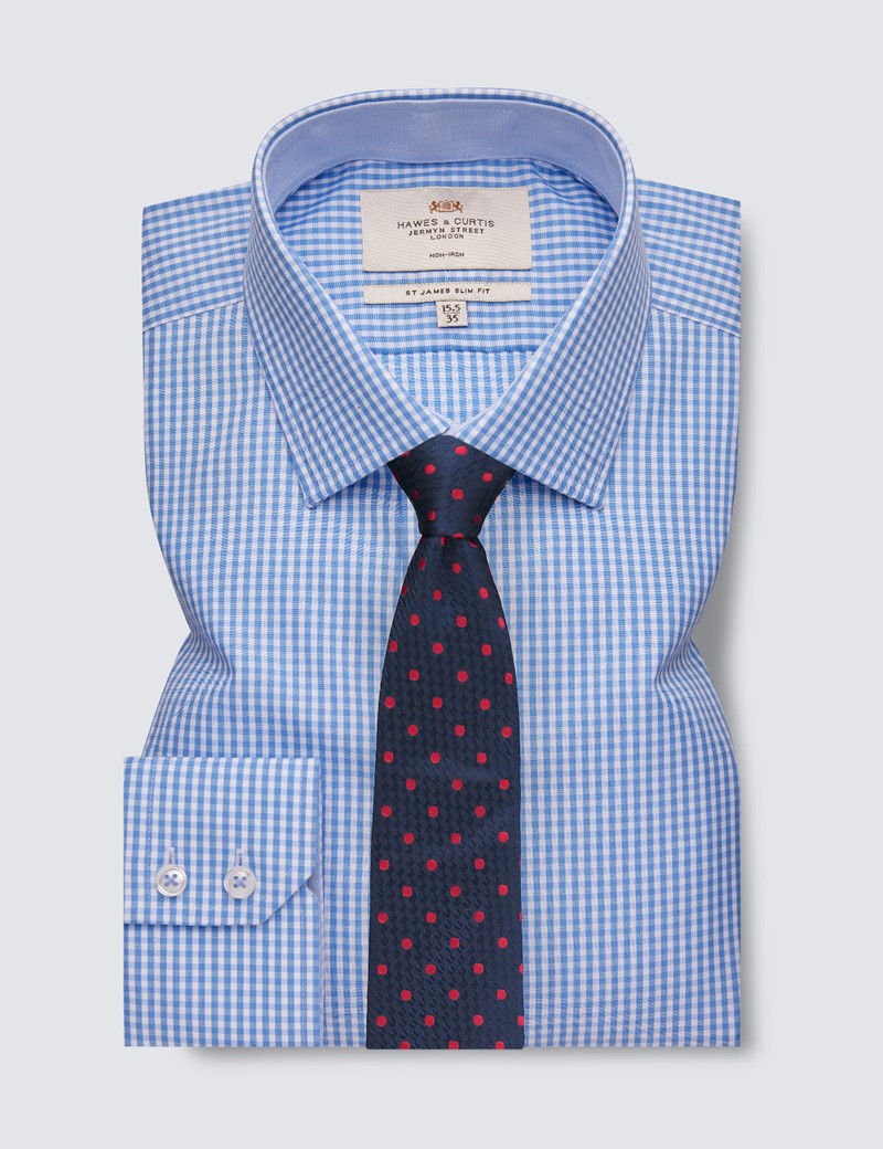 Non Iron Blue & White Gingham Relaxed Slim Fit Shirt With Contrast Detail - Single Cuffs