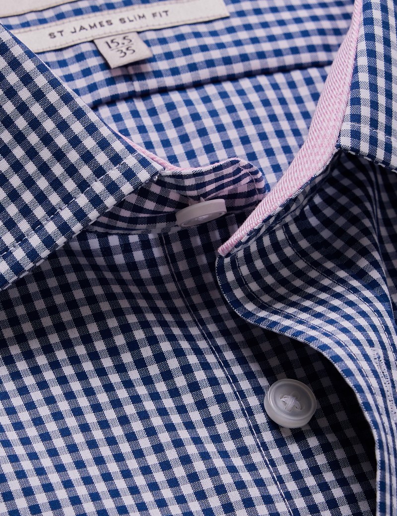 Non-Iron Navy & White Gingham Check Slim Shirt - Contrast Detail