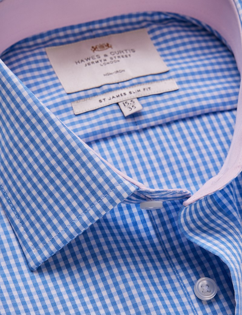 Men's Non-Iron Blue & White Gingham Check Slim Shirt - Contrast Detail ...