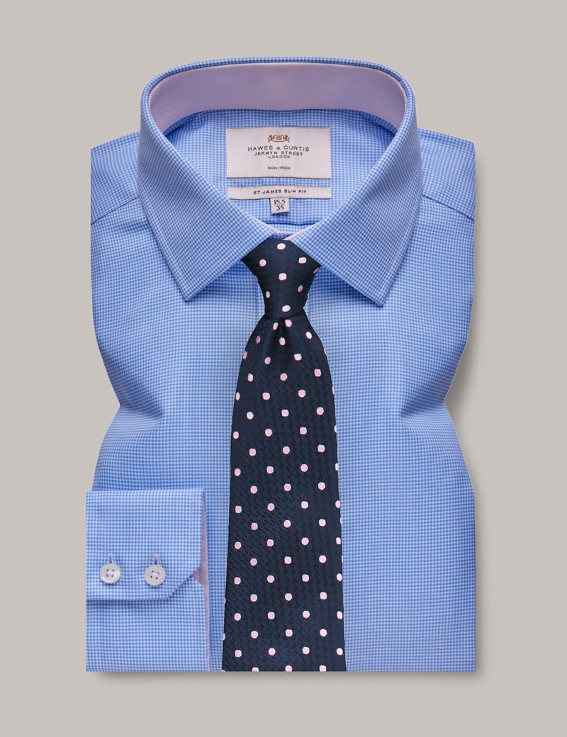 Men's Non-Iron Blue & White Gingham Check Slim Shirt - Contrast Detail ...