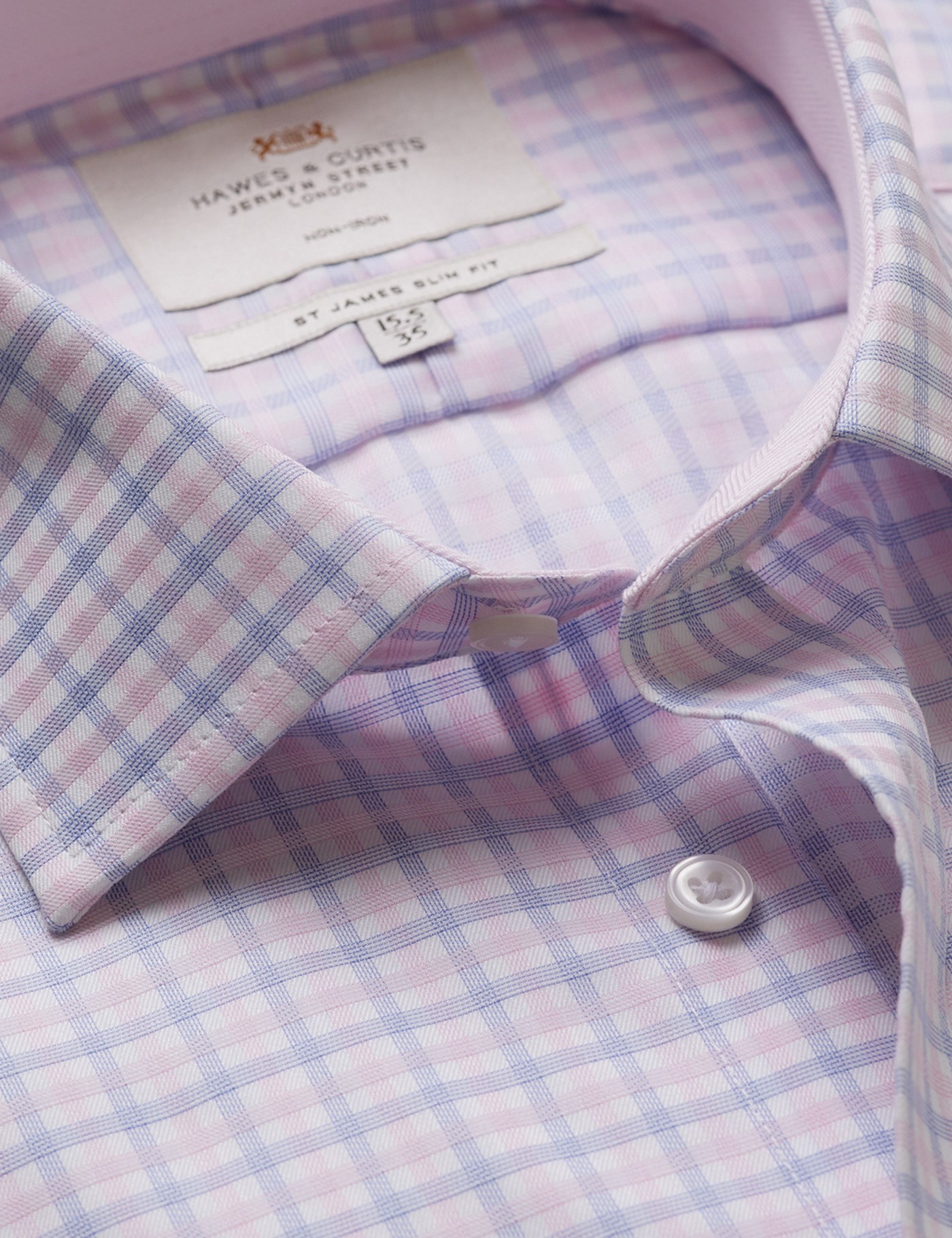 & Slim Fit & Pink Check Non Iron Shirt Contrast Detail 18" collar 38" sleeve