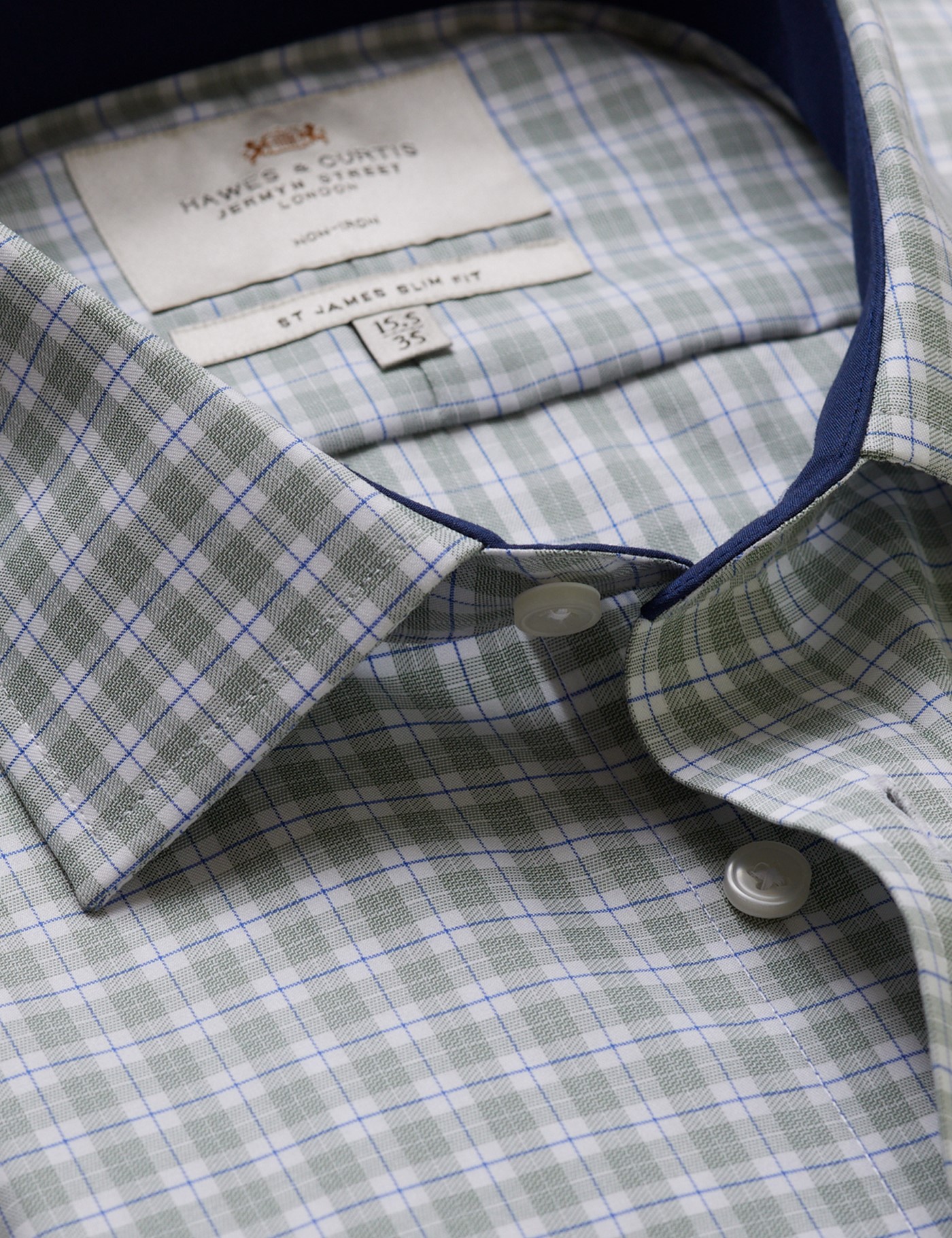 & Slim Fit Green & Check Non Iron Shirt Contrast Detail 15.5" collar 36" sleeve