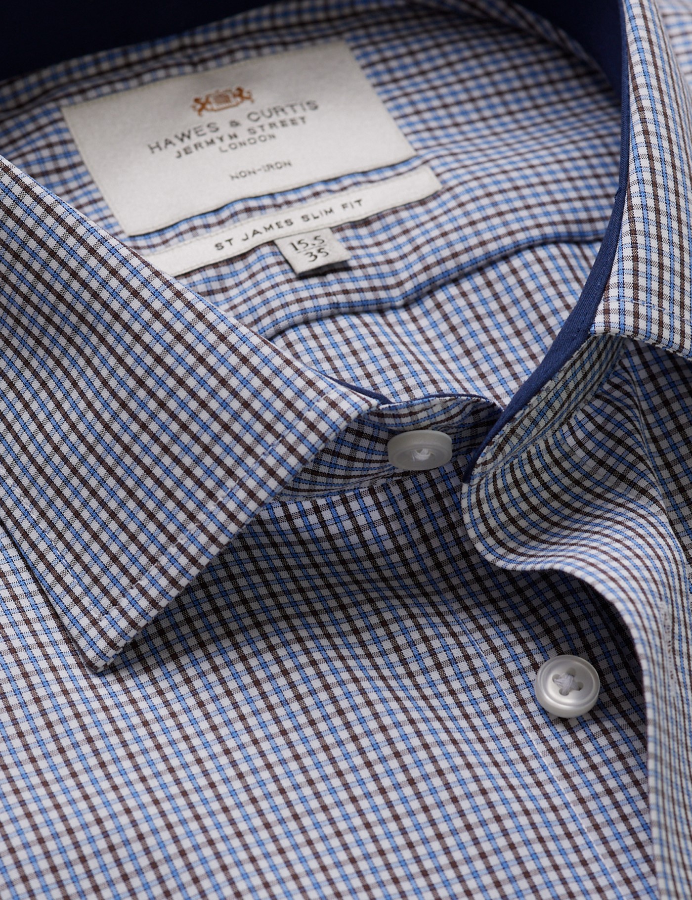 & Slim Fit Brown & Check Non Iron Shirt Contrast Detail 16" collar 37" sleeve