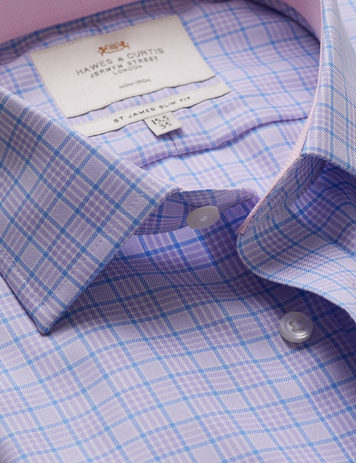 & Slim Fit Lilac & Check Non Iron Shirt Contrast Detail 16" collar 37" sleeve