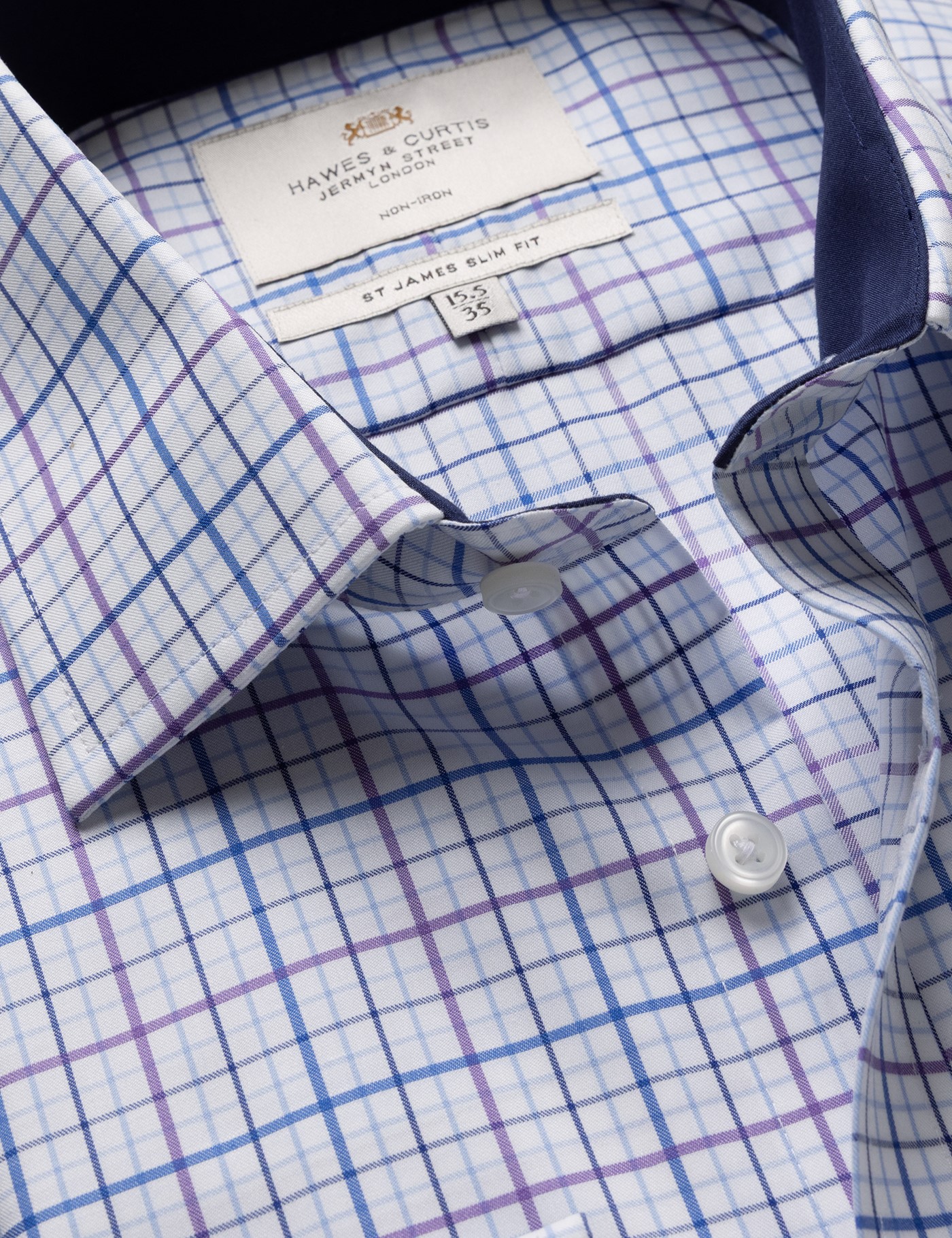 & Slim Fit Purple & Check Non Iron Shirt Contrast Detail 15.5" collar 36" sleeve