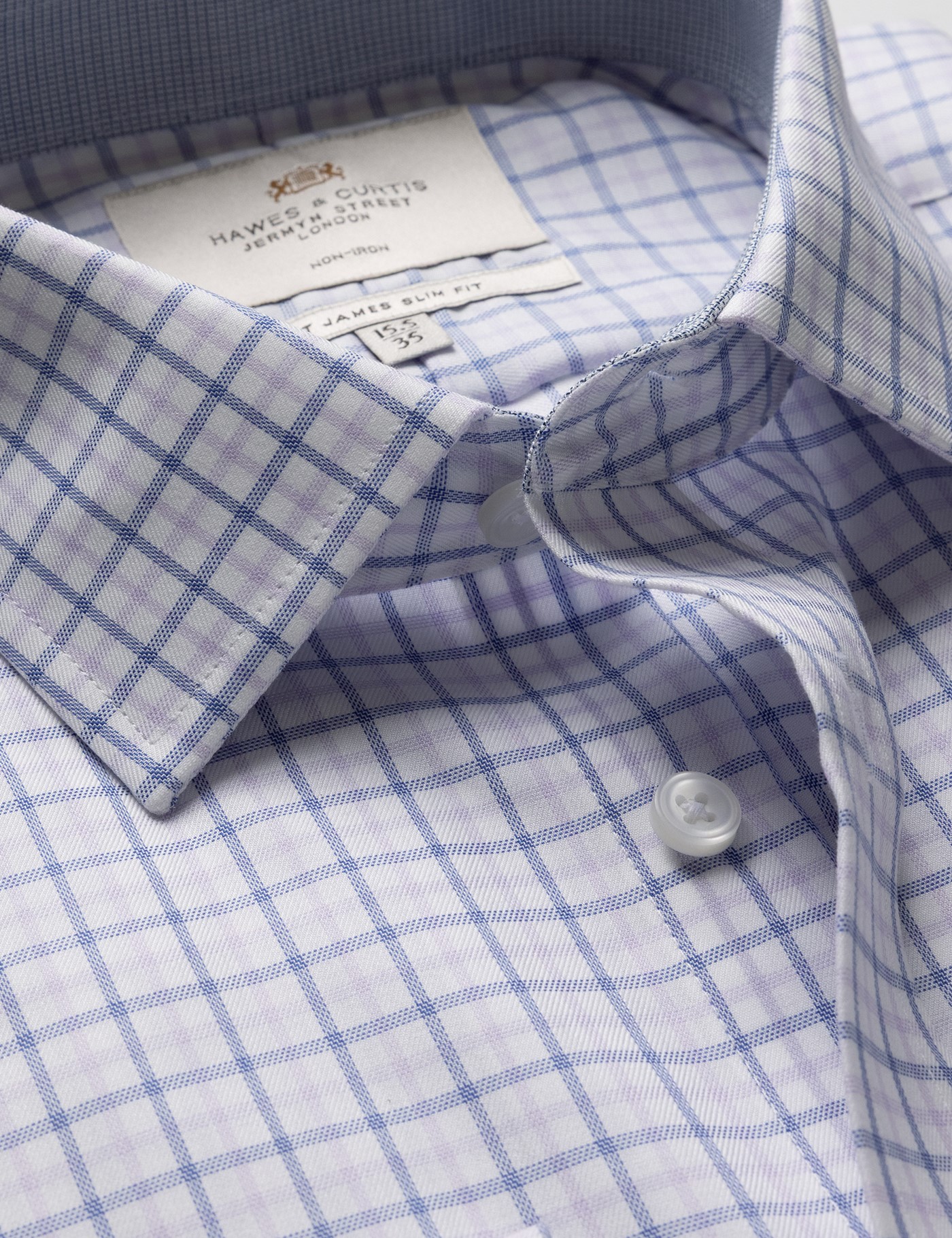 Hawes & Curtis Slim Fit Navy & Lilac Check Non-Iron Shirt | Contrast Detail Size: 17" collar, 36" sleeve
