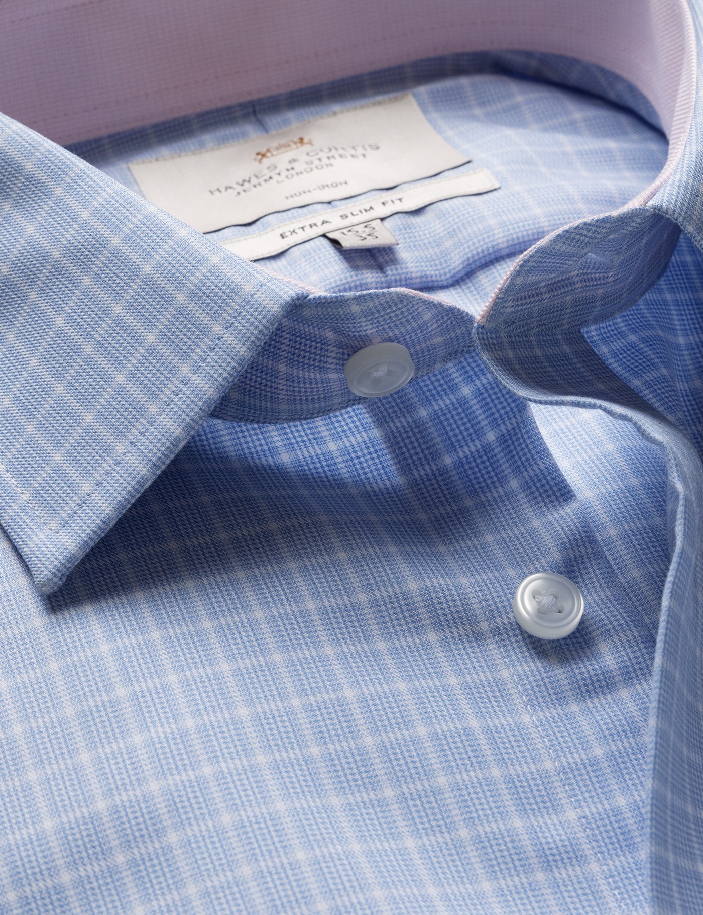 & Slim Fit Blue & Check Non Iron Shirt Contrast Detail 18" collar 38" sleeve