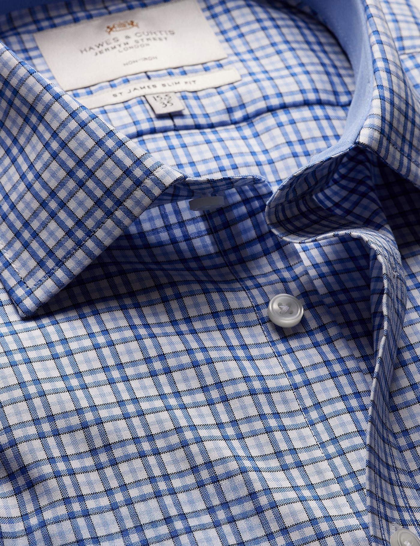 Hawes & Curtis Slim Fit Blue & White Check Non-Iron Shirt | Contrast Detail Size: 17.5" collar, 37" sleeve