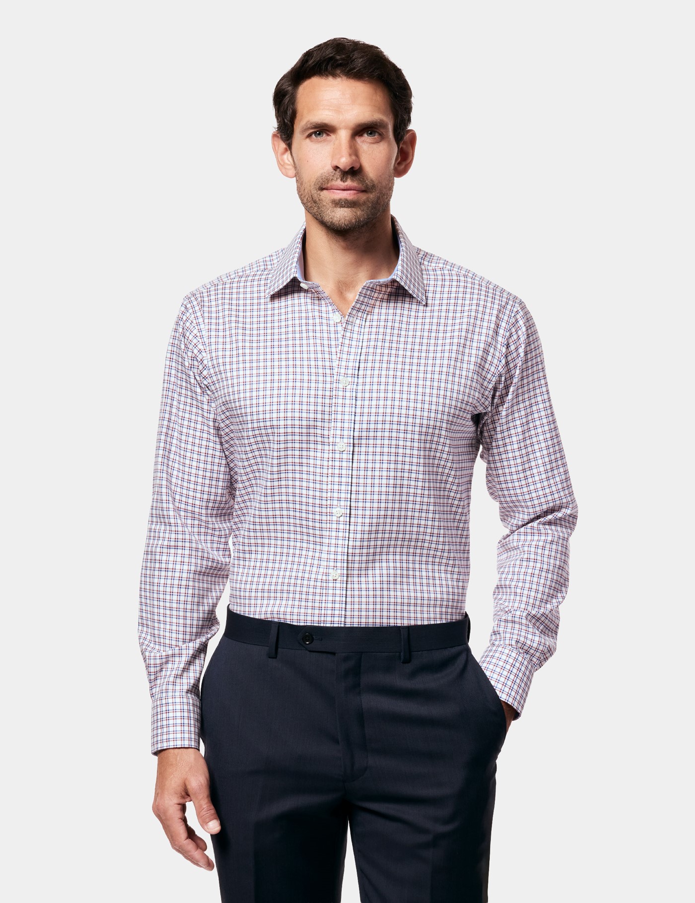 Hawes & Curtis Slim Fit Blue & Red Check Non-Iron Shirt | Contrast Detail Size: 16.5" collar, 34" sleeve