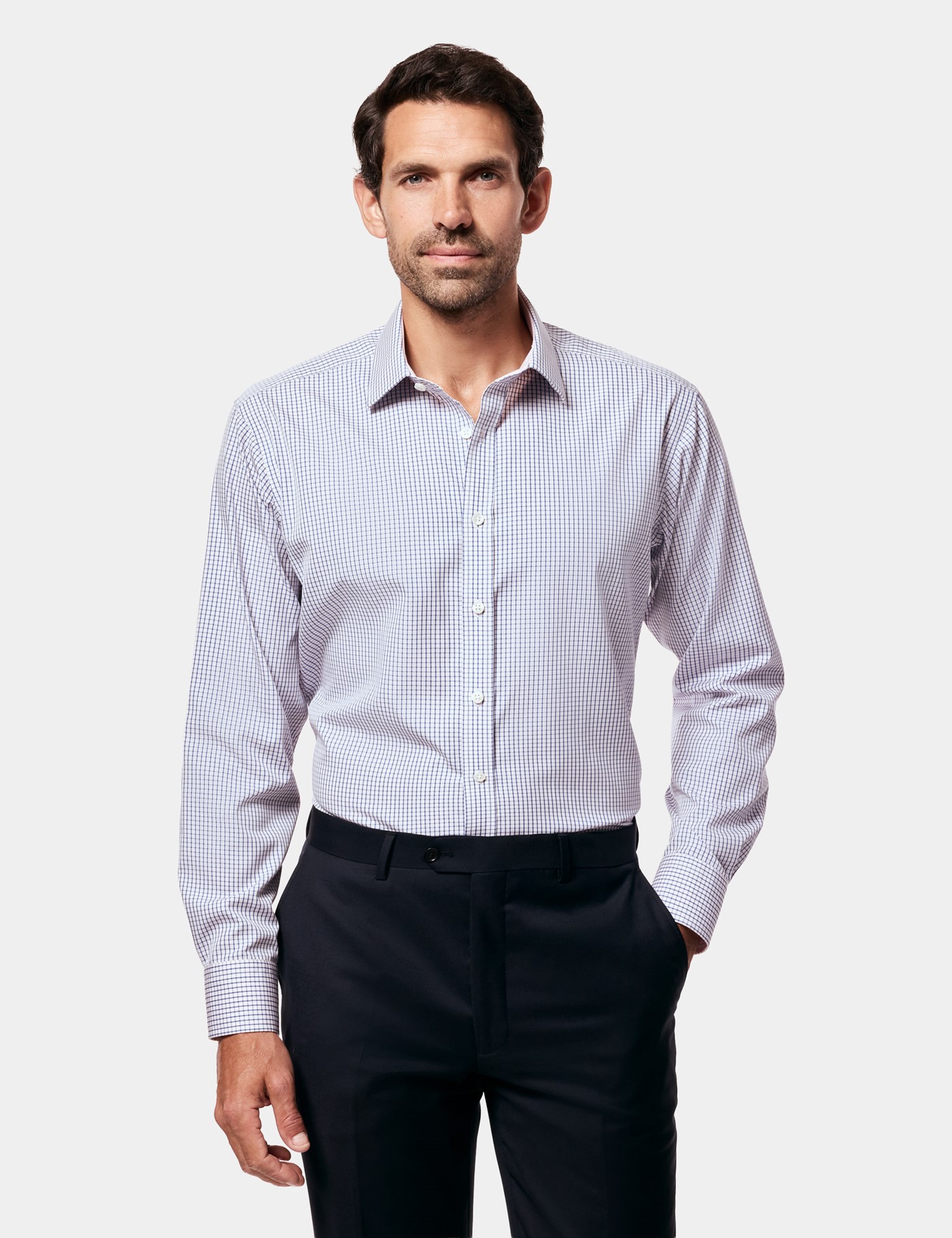 Hawes & Curtis Slim Fit Navy & Pink Multi Check Non-Iron Shirt | Contrast Detail Size: 17.5" collar, 37" sleeve