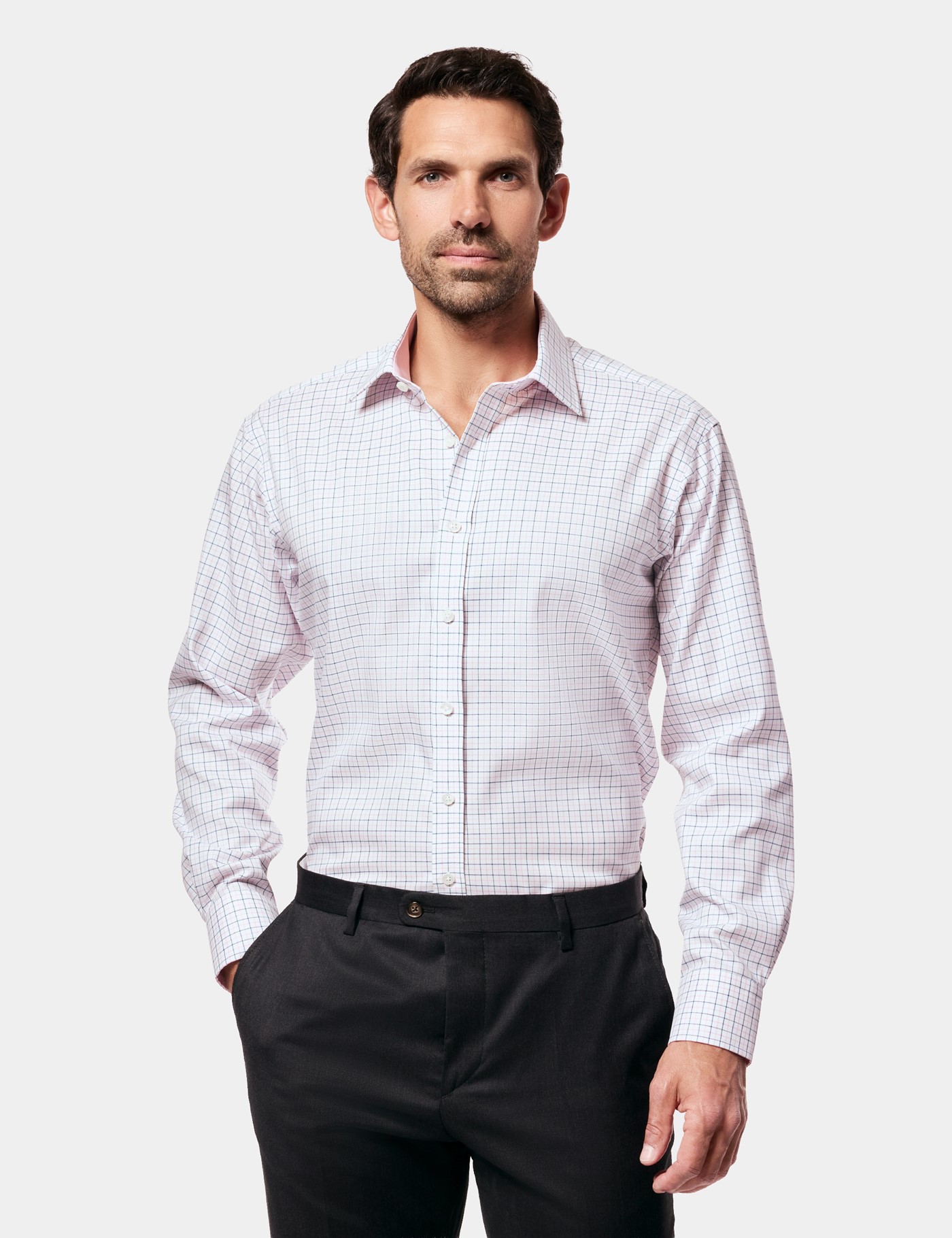 Hawes & Curtis Slim Fit Pink & Navy Multi Check Non-Iron Shirt | Contrast Detail Size: 15.5" collar, 36" sleeve