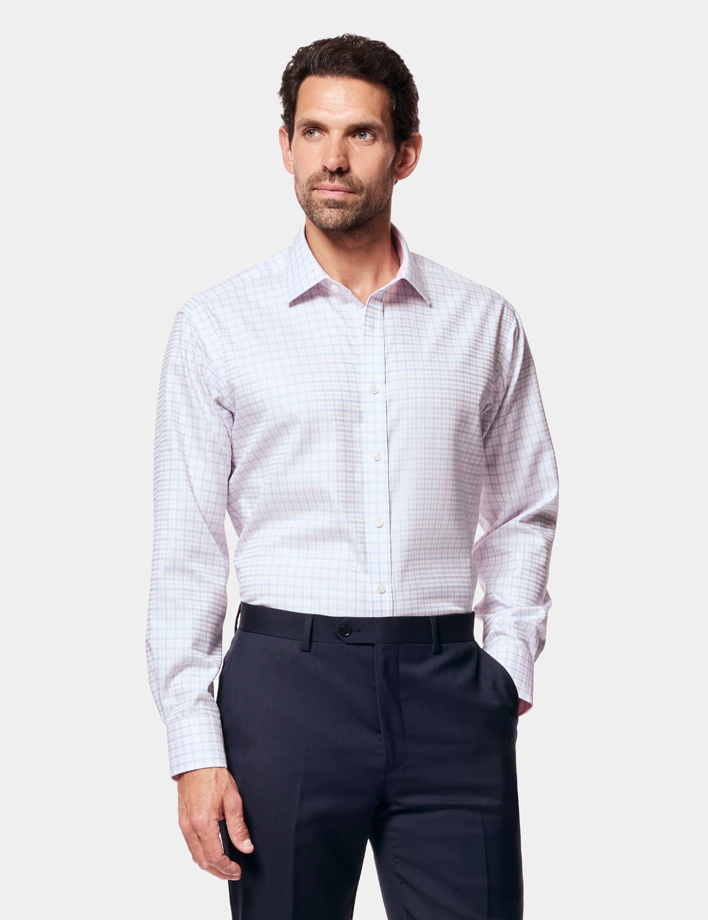 Hawes & Curtis Slim Fit Navy & Pink Check Non-Iron Shirt | Contrast Detail Size: 18" collar, 38" sleeve