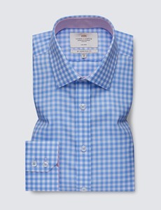 Men's Dress Blue & White Large Gingham Plaid Slim Fit Shirt with Contrast Detail - Single Cuff - Non Iron