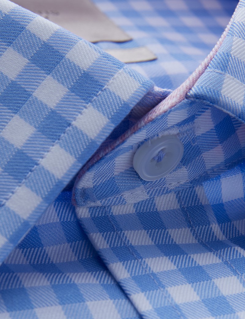 Men's Formal Blue & White Large Gingham Slim Fit Shirt with Contrast Detail - Single Cuff - Non Iron