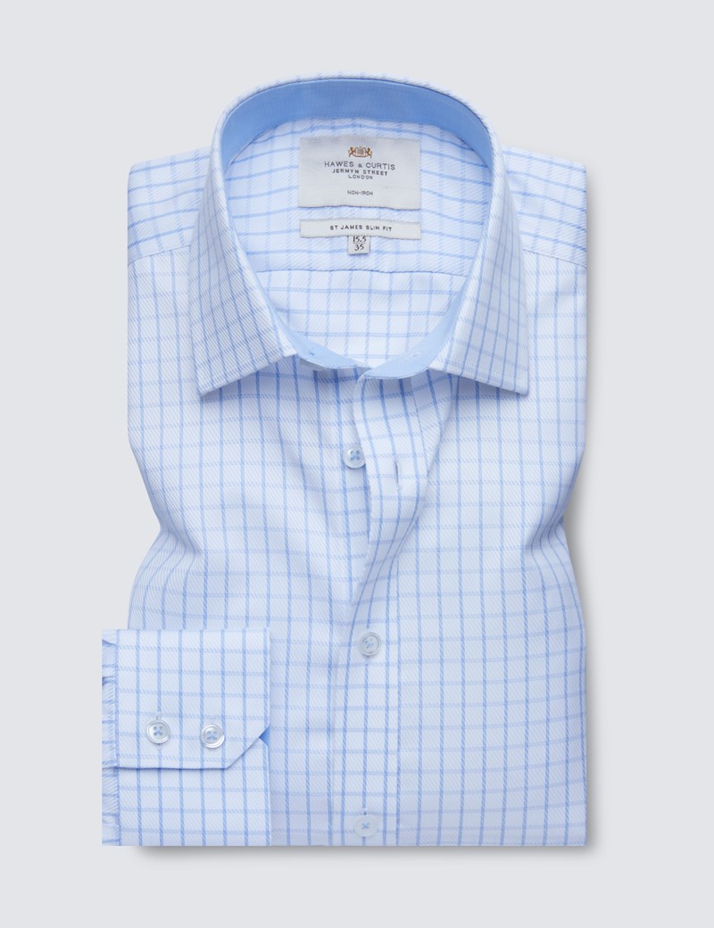 Non Iron Blue & White Textured Check Relaxed Slim Fit Shirt - Semi Cutaway 