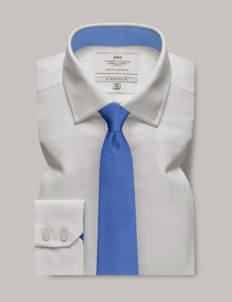 Men's White Herringbone Slim Fit Shirt With Contrast Detail | Hawes and ...