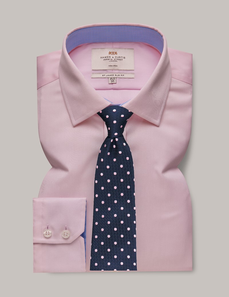 Men's Non-Iron Pink Twill Slim Shirt With Contrast Detail