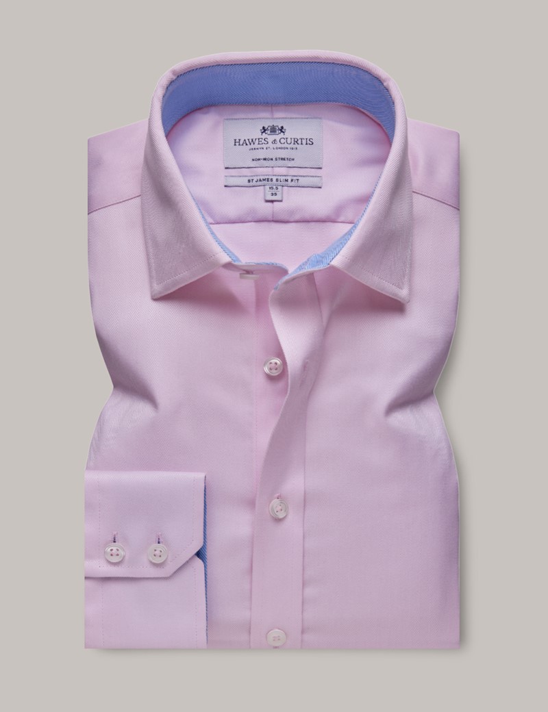 Men's Non-Iron Pink Herringbone Slim Shirt - Contrast Detail | Hawes ...