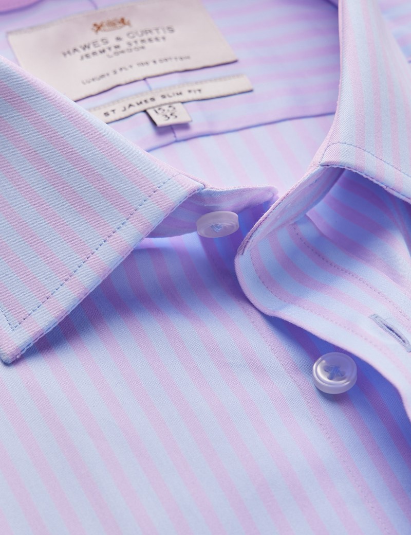 Easy Iron Blue & Pink Stripe Relaxed Slim Fit Shirt With Semi Cutaway Collar - Single Cuffs