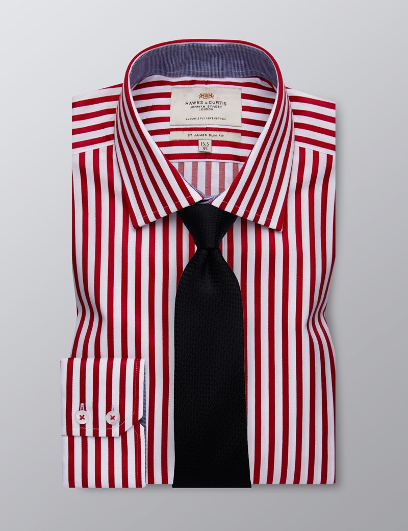 Men S Dress Deep Red And White Bengal Stripe Slim Fit Shirt Single Cuff Easy Iron Hawes And