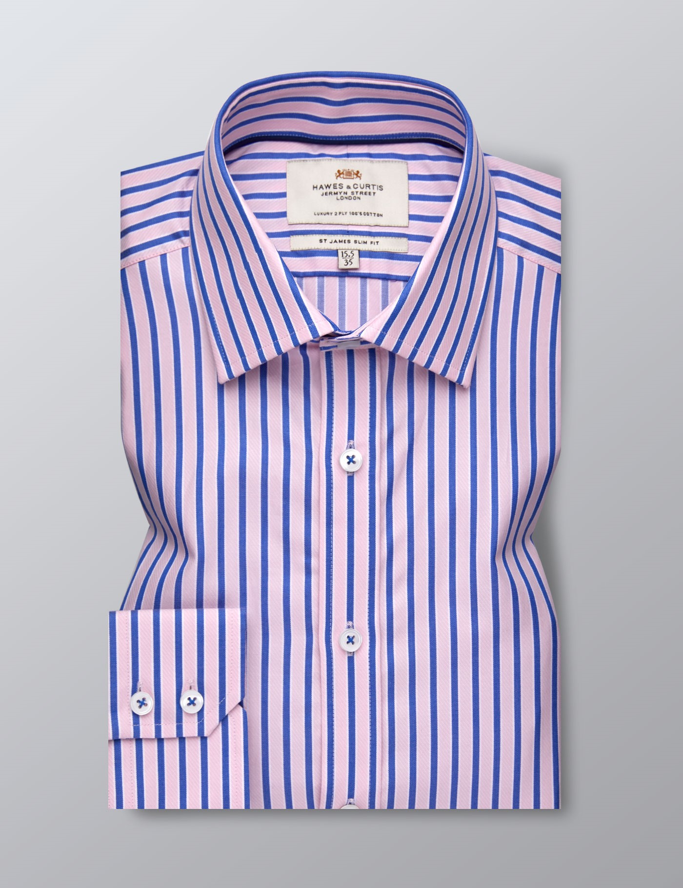 Men's Formal Pink & Light Blue Bold Stripe Slim Fit Shirt Single Cuff Easy Iron Hawes & Curtis